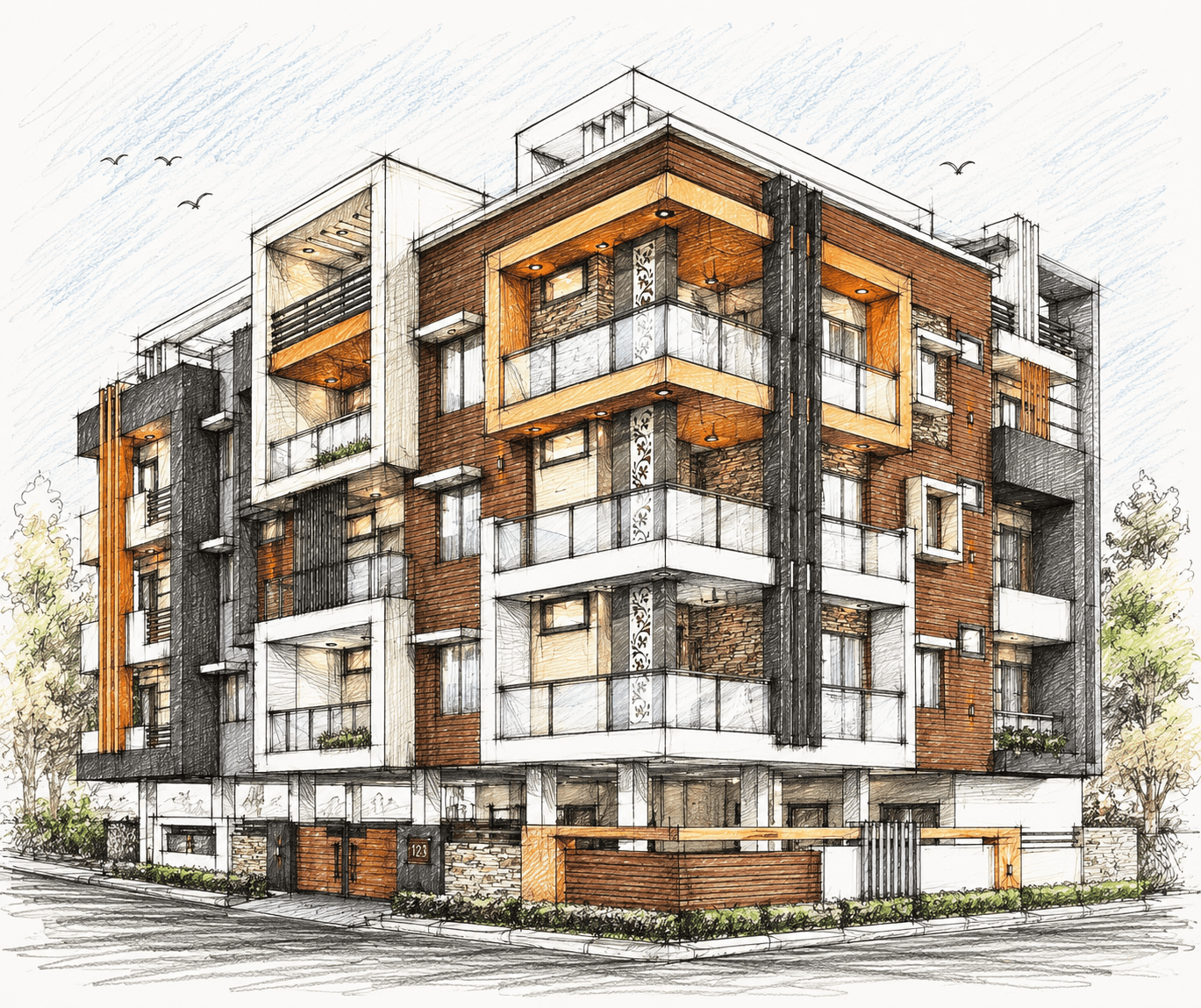 Architectural concept sketch — angular glass building